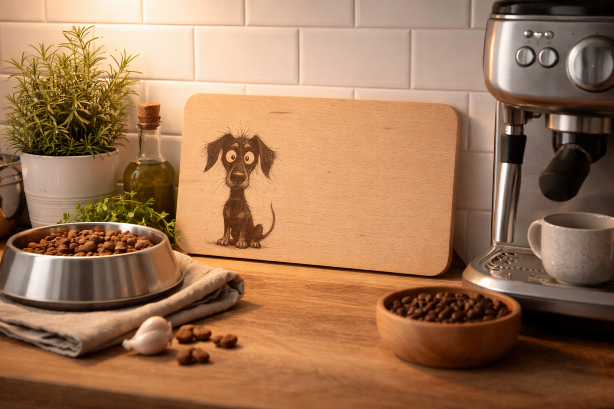 Holzbrettchen mit Dobermann-Hundegravur in gemütlicher Küchenszene