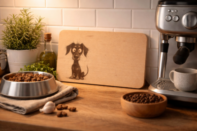 Holzbrettchen mit Dobermann-Hundegravur in gemütlicher Küchenszene