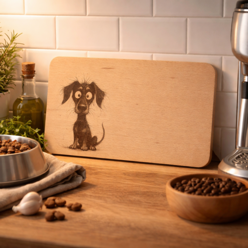 Holzbrettchen mit Dobermann-Hundegravur in gemütlicher Küchenszene