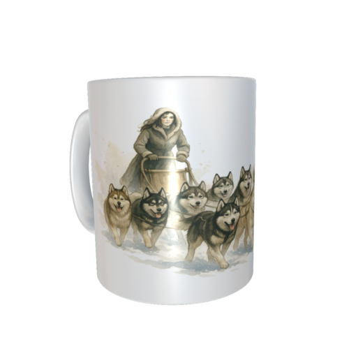Schlittenhunde Tasse – Musherin & Huskys im Schnee (Aquarell)